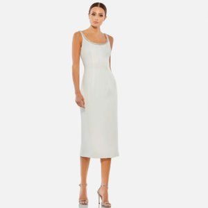 MAC DUGGAL 26681 JEWELED SCOOP NECK FITTED WHITE MIDI DRESS sz 8